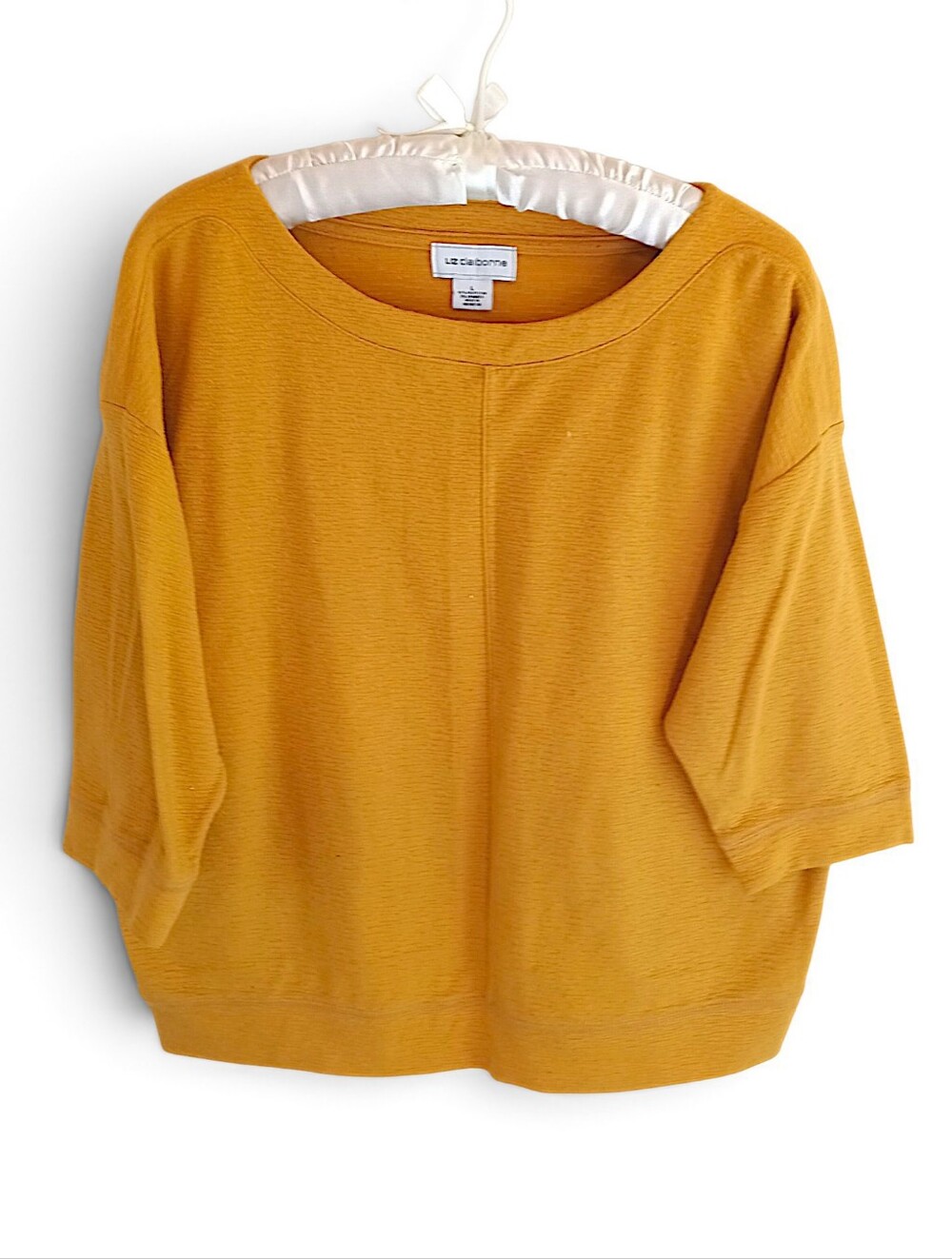 Liz Claiborne Mustard Boxy Knit Dolman Sweater Oversized 3/4 Sleeves Textured LG